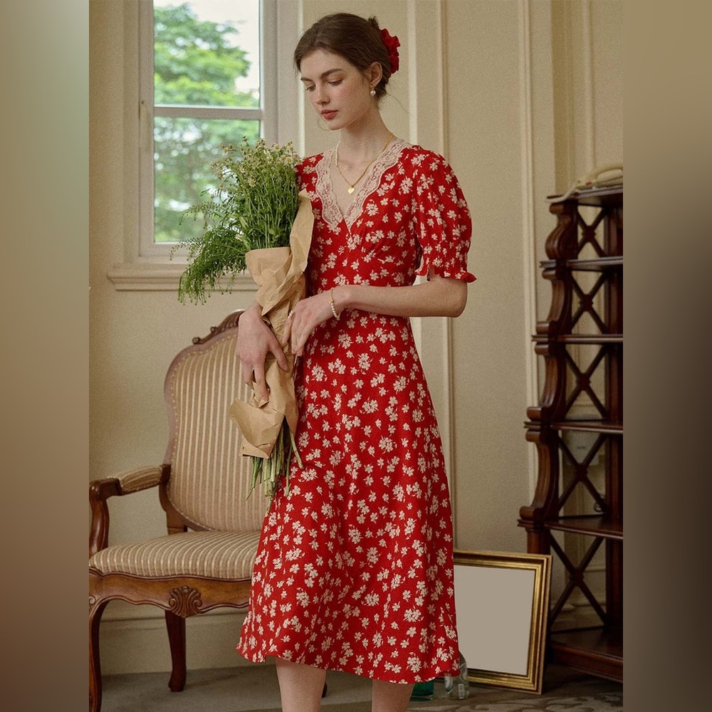 Simple Retro Red Floral Maxi Dress Lace Trim Christmas Holiday